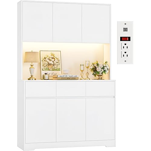 FINETONES 71" Pantry Cabinet with Power Outlets and Led Lights, Large Kitchen Hutch Storage with Microwave Stand, Tall Pantry Kitchen Cabinet with Cupboard