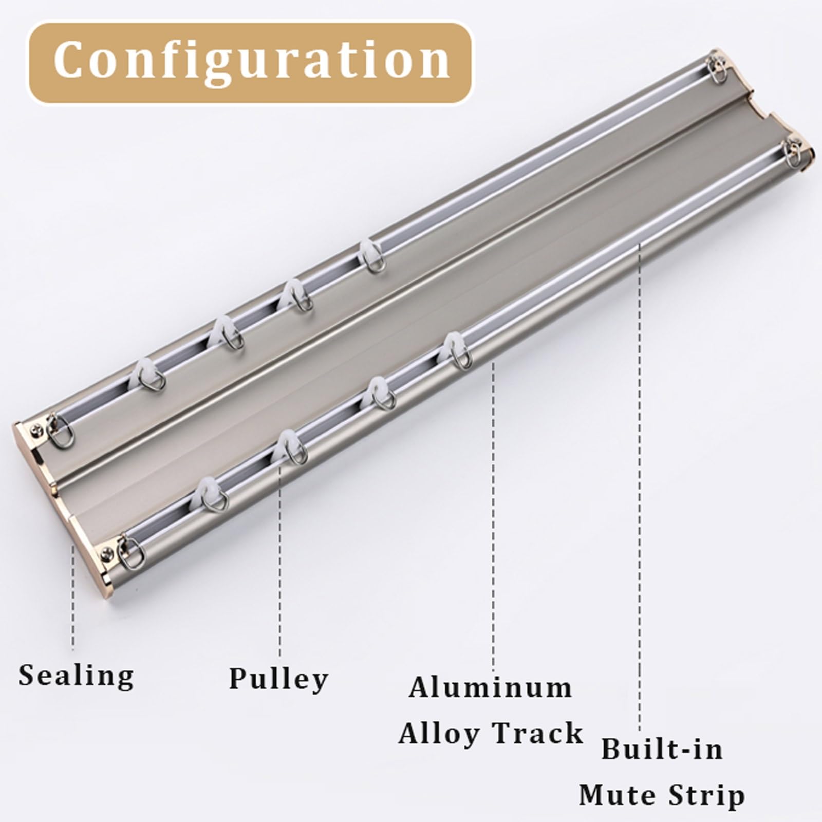 Tringle à rideaux double en aluminium avec bandes insonorisantes pour salle de bain, chambre à coucher, camping-car - Rail coulissant lisse - 150 cm - Doré