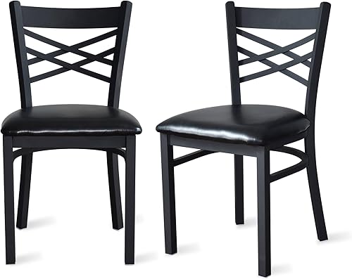 Juego de 2 sillas de comedor de metal, elegante diseño X, sillas de metal con cojín acolchado de piel sintética negra, robustas y duraderas para
