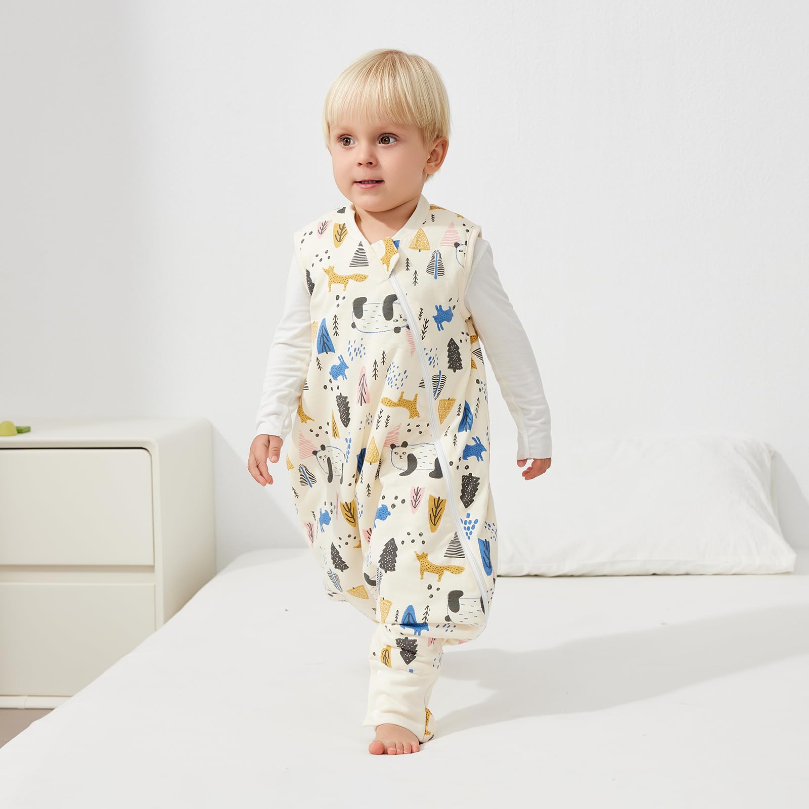 Duomiaomiao Sacco nanna con piedi, per tutto l'anno, in 100% cotone, con piedi, 1,5 Tog, sacco nanna con gambe, per bambini e bambine(Panda beige/1-2 anni)