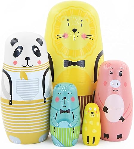 Winterworm Juego de 5 muñecos de anidación de jirafa matryoshka de león, panda, cerdo, oso, juguetes apilables, animales rusos, muñecas de