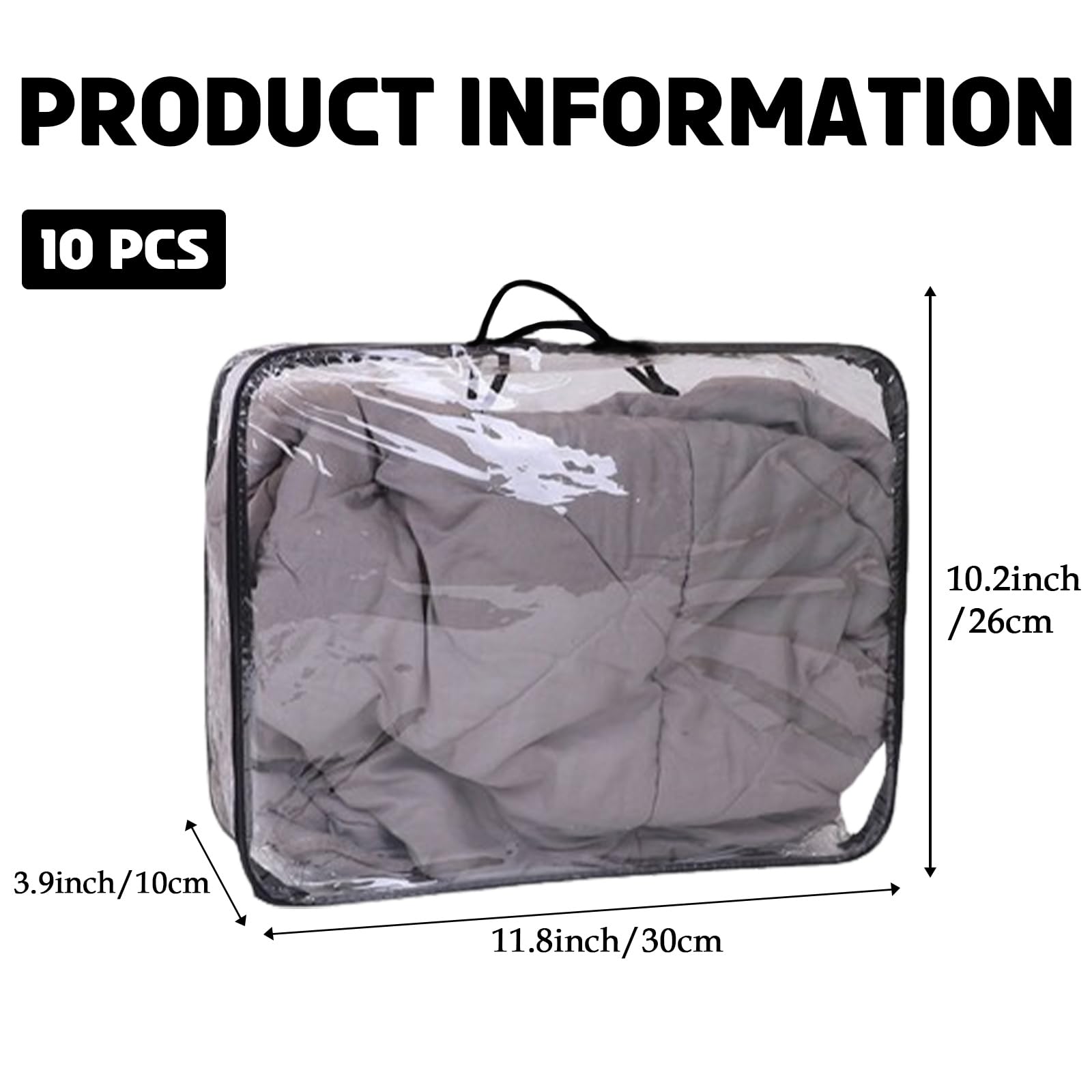 Hyuetrsa 10 Pcs Large Clear Travel Packing Cube, Vinyl Zippered Storage Bags, See-Through PVC Organizer Multipurpose Pouch with Handle for Clothes, Comforter, Bedding (Black, 11.8 x 10.2 x 3.9 Inch)