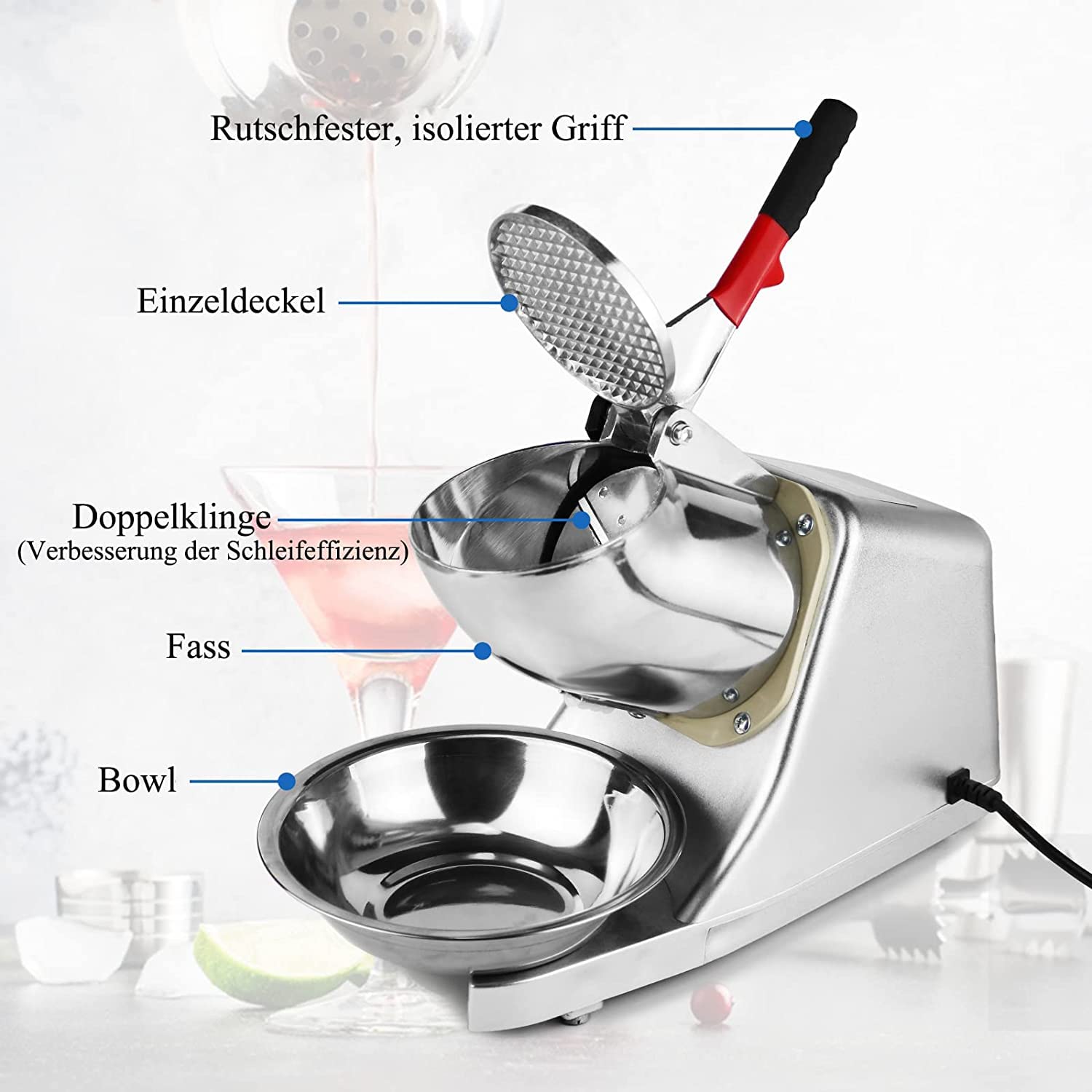 Elektrischer Ice Crusher,Ice Shaver Machine Doppelmesser Eiszerkleinerer, 80kg/hEismaschine Geeignet für Softdrinks, Cocktails、Slushy ice maker familie und gewerbliche Zwecke verwendet werden