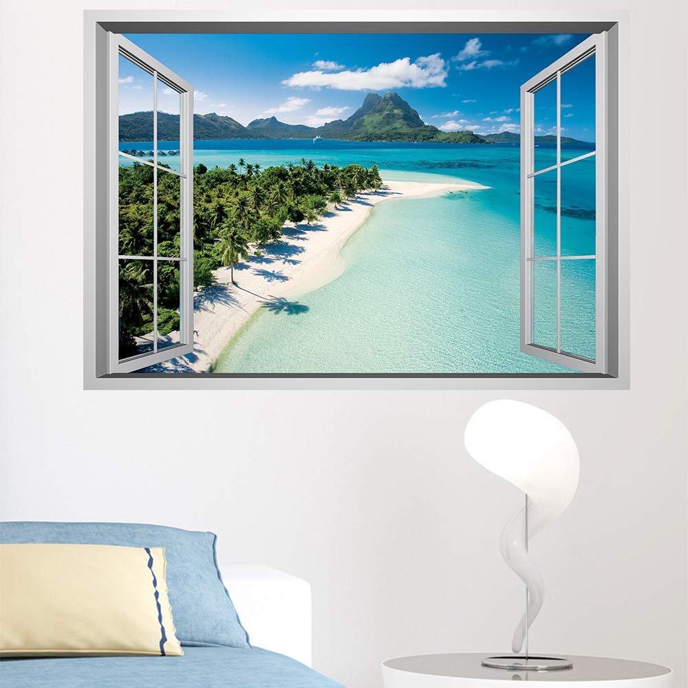 Lichi Pegatina de Pared 3D de Ventana Falsa de Escena de Playa en Isla, Vinilo Decorativo para Decoración del Hogar