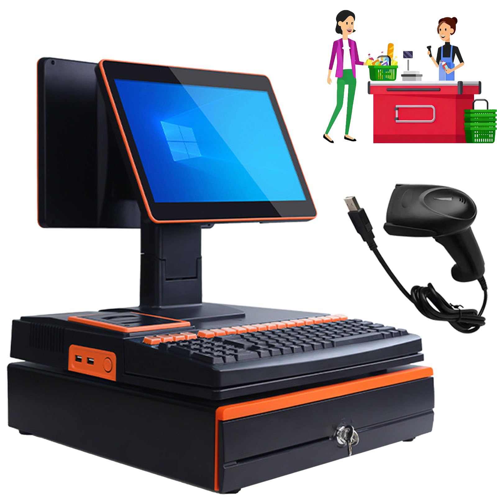 Ptatritious B Cashier Register, Smart Cash Register Pos System All-In-One Cash Register With 15.6-Inch Touch Screen Pc, Uilt-In 58Mm Printer, For Small Usinesses And Retailers -8+128G