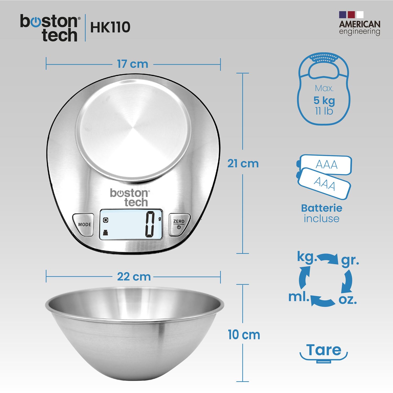 Bilancia da Cucina Digitale 5kg Acciaio Inossidabile con Ciotola Rimovibile, Alta Precisione, Display LCD Retroilluminato, Funzione Tara, Impermeabile, Ricettario Incluso, Boston Tech