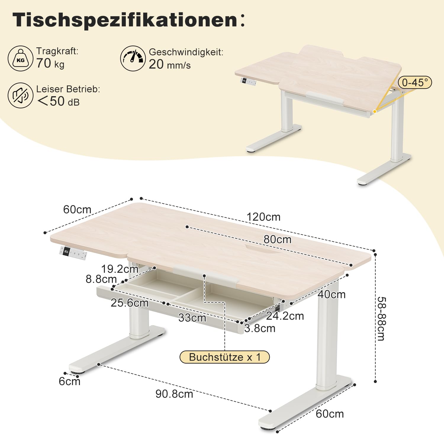 Devoko Kinderschreibtisch, Elektrisch Höhenverstellbarer Schreibtisch mit neigbarer Tischplatte mit Schubladen, Standing Desk mit 3 Speicherplätzen, Schreibtisch Kinder ab 6 Jahren, 120 x 60 cm Beige