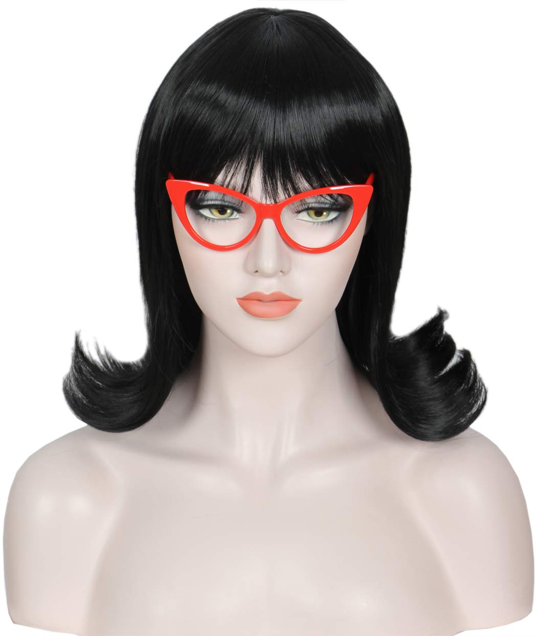 Linfairy Kurze Schwarze 60er Flip Perücke – Ca. 30 Cm, Mit Brillengestell | Für Halloween, Cosplay & Partys