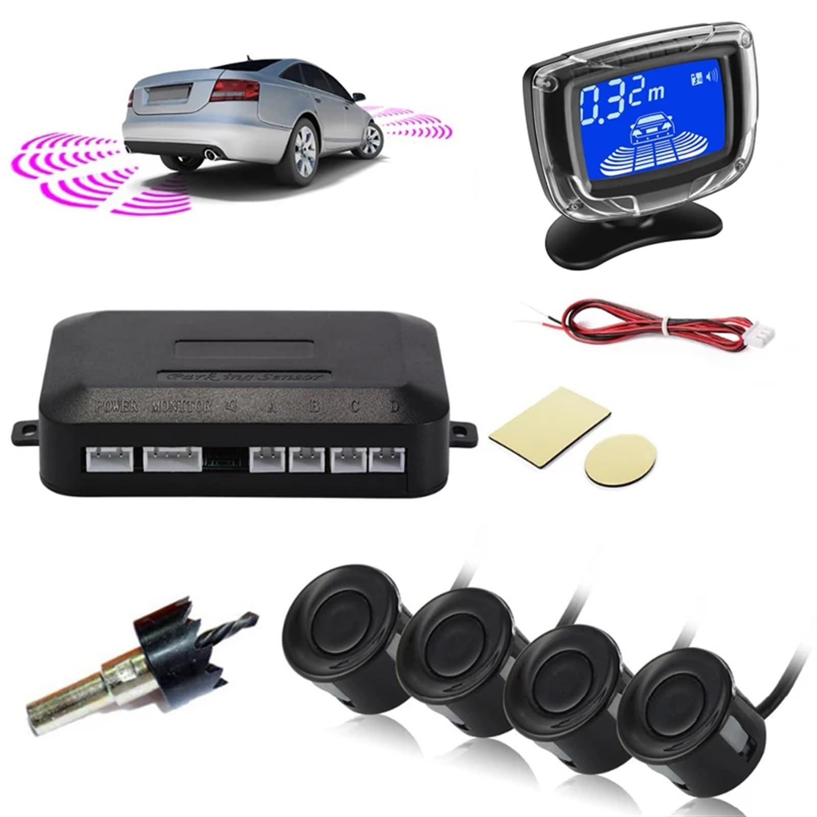 Rückfahrsensor Auto-Parksensor Dual-CPU-LCD-Display Mit Schalter 12 V Automatischer Rückfahrsensor Parkradar-Monitor Detektorsystem Parksensoren(Rot)