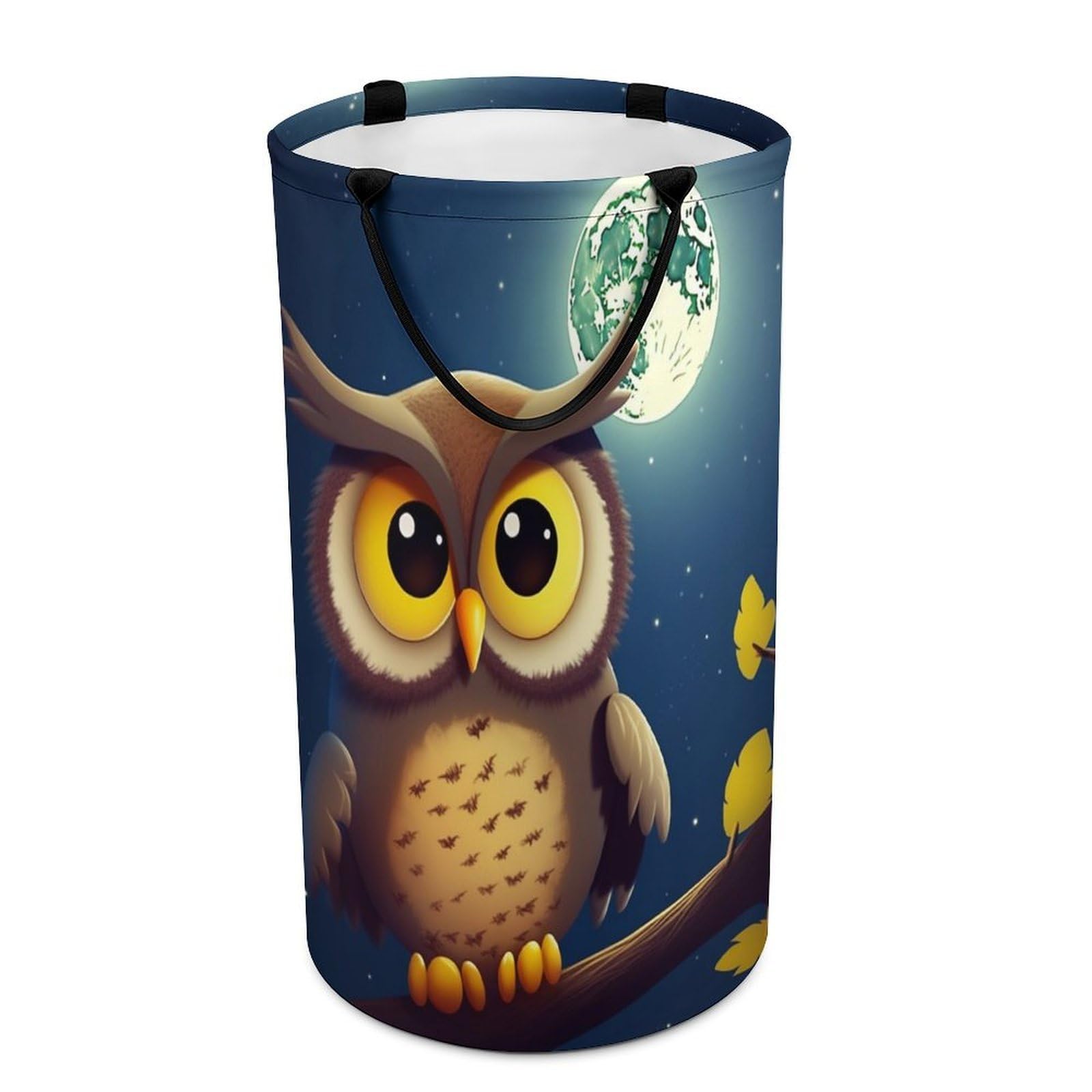 Owl And Yellow Moon Laundry Basket Freestanding Laundry Hamper with Handles Waterproof Dirty Clothes Hamper Collapsible Washing Bin Aesthetic Clothes Basket for Bathroom Bedroom Dorm