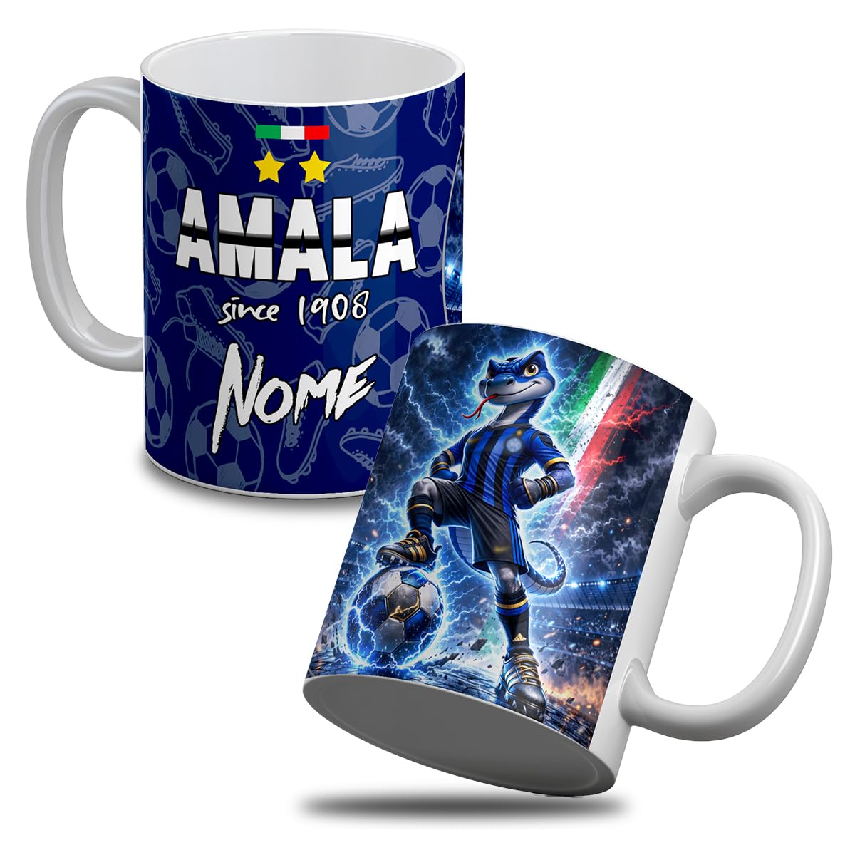 Tazza in Ceramica Tifoso Inter Nerazzurro con Mascot Serpente Calcio, Personalizzabile con Nome, Idea Regalo Uomo Donna, Gadget Sport Casa Ufficio Colazione