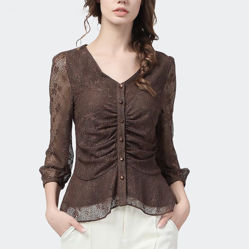 Nylon Sexy évider Femmes Dentelle Hauts été Mince col en v Sept Manches Chemises Vintage Floral Marron Haut (Noir S)