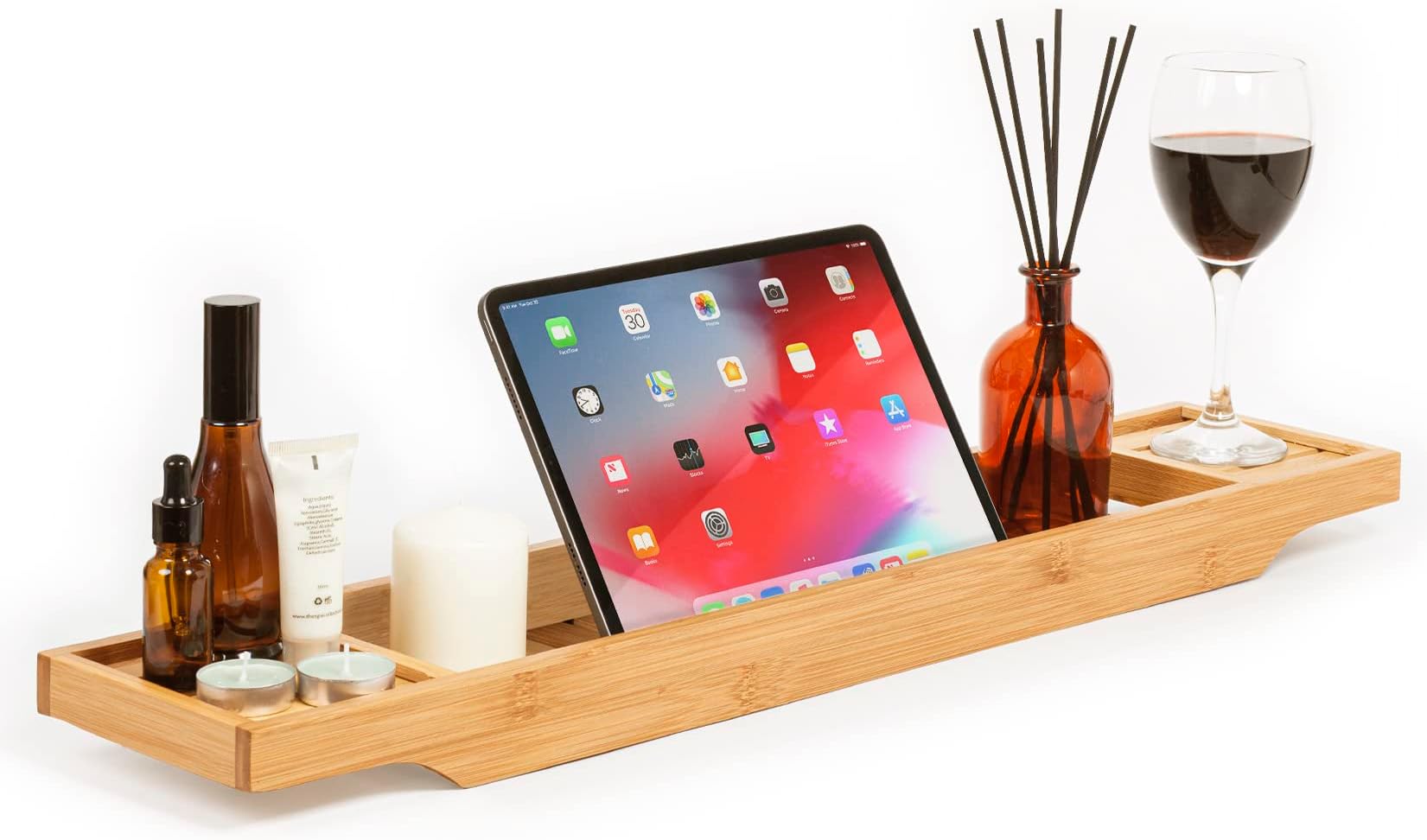 Bath Tub Tray Wood OHS Bath Trays For Across The Bath, Home Spa Bath Caddy Bamboo Bath Tray Wooden Bath Table Organiser Candles Wine Glass Books Shelf Over Bath For Accessories, White