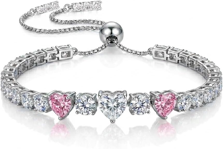 Moissanite Tennis Heart Bracelet for Women S925 Sterling Silver D Color VVS1 Round Cut Adjustable Moissanite Bracelets 5-9.5inch