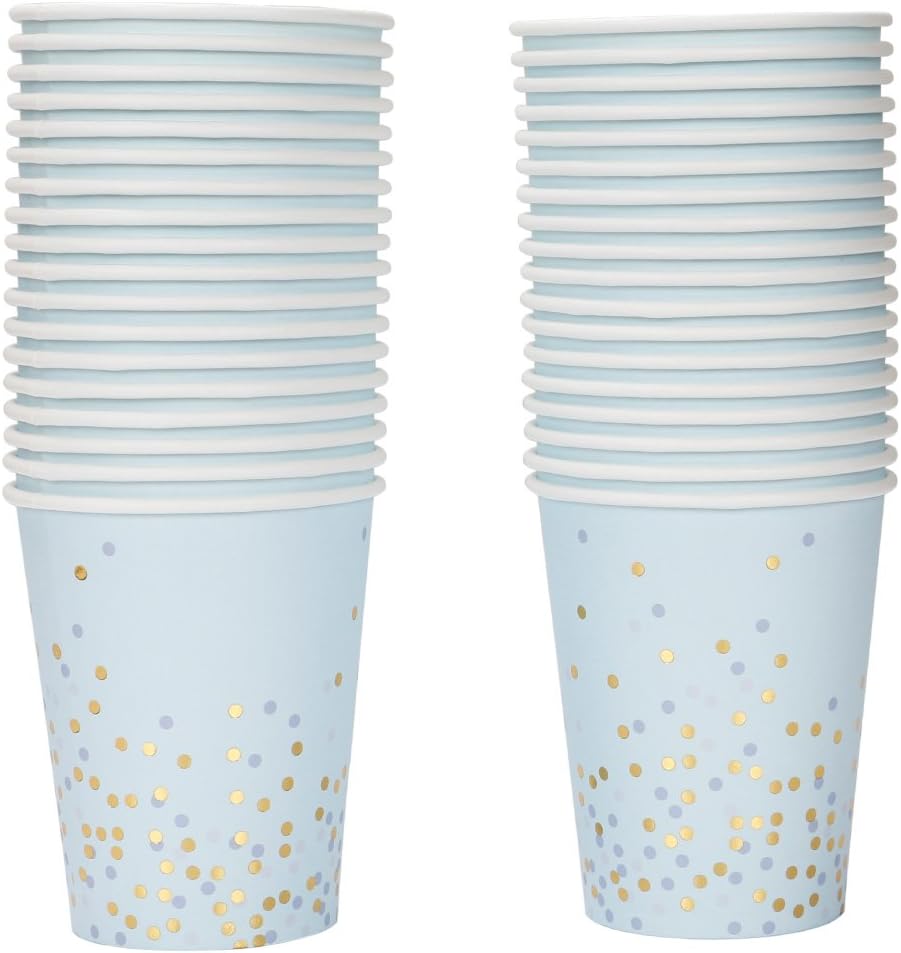 Light Blue Gold Dots Paper Cups,Sparkly Gold Foil Disposable Paper Cups 9oz for Wedding,Party,Cocktail and Anniversary Dinner