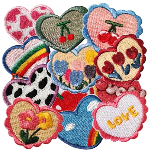 13 Pcs Kawaii Heart Iron On Patches Cute Sweet Girly Embroidered Applique Patches Clothes Backpacks Hats Pants Jackets Jeans Decoration for Girl DIY Accessories