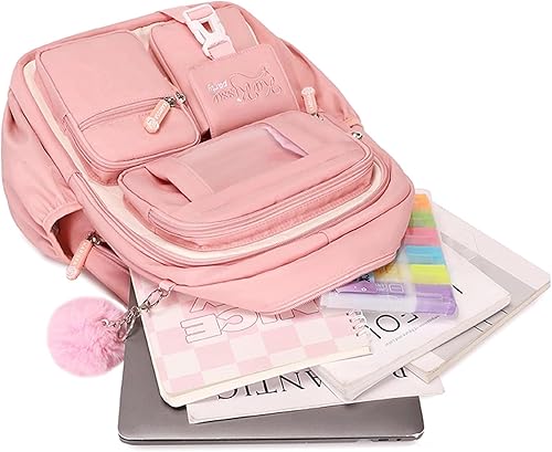 Miniatura 8 de Mochila infantil para niñas, bolsas escolares para estudiantes de secundaria, bolsa de libros para escuela primaria, Rosa y beige., Tamaño único