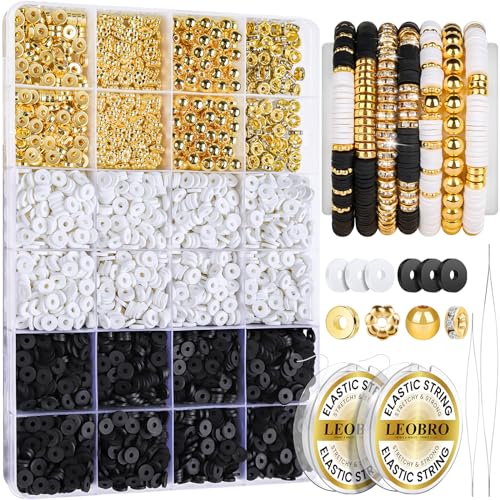 LEOBRO Clay Beads Bracelet Making Kit, 3524pcs White & Black & Gold Beads for Bracelets, Adults Jewelry Making