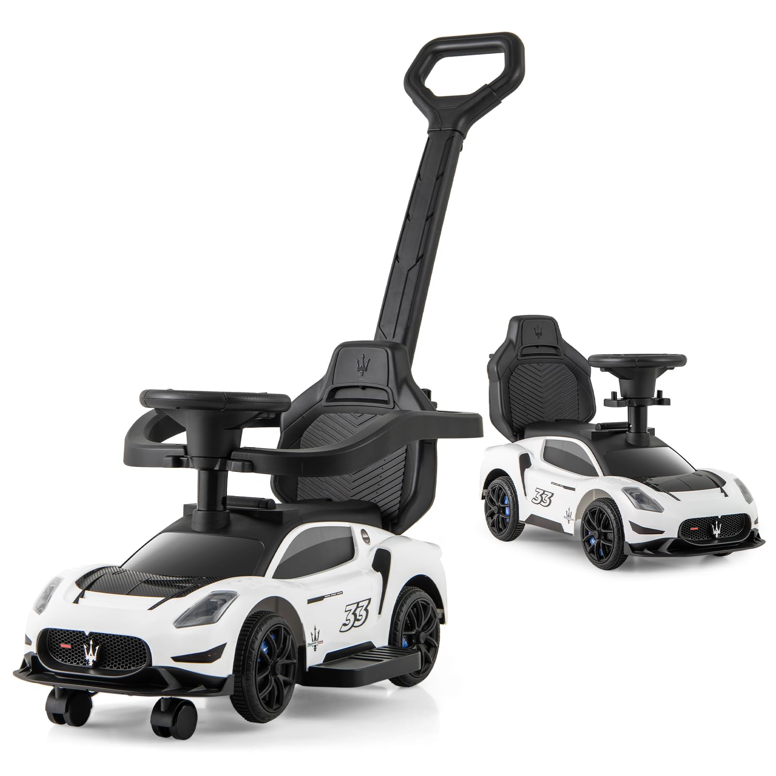 COSTWAY 3 in 1 Maserati Auto da Spinta, Auto Scorrevole con 2 Ruote Universali Volante Musicale Paracolpi e Manubrio, Macchina Cavalcabile con Ripostiglio per Bambini 18-60 Mesi (Bianco)
