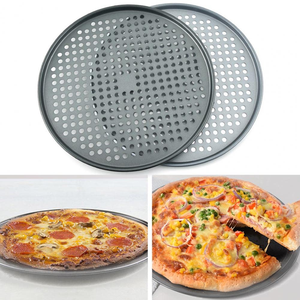 Bandeja para Pizza Redonda de 37 cm, Antiadherente, de Acero Inoxidable, con Orificio de ventilación, Gris Oscuro y Gris Claro.