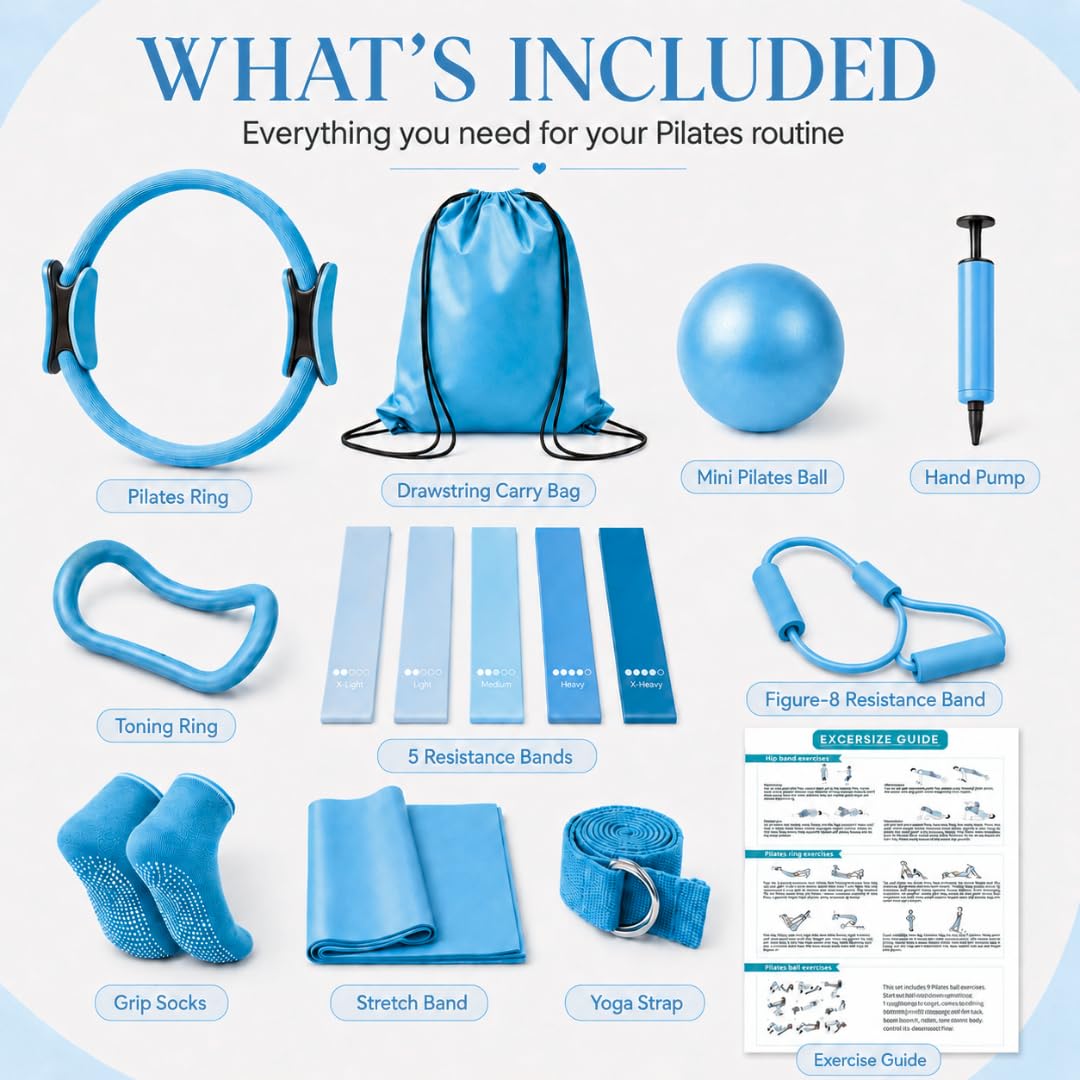 Juego de anillos de pilates para mujer, equipo de pilates de entrenamiento en casa con bandas de resistencia, círculo mágico de 14 pulgadas, mini bola, kit de inicio de pilates para fuerza