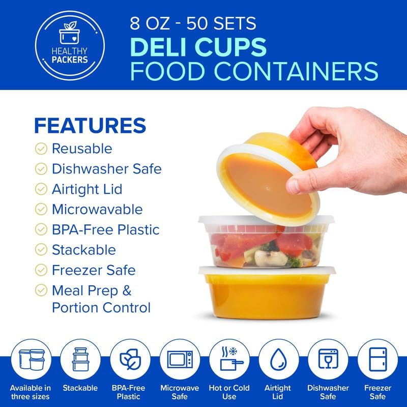 Healthy Packers Plastic Deli Containers with Lids (8oz 50 Sets) - Clear Plastic Containers with Airtight Lids - Great for Your Slime Kit, Food - BPA Free | Leakproof - Microwaveable & Freezer Safe - Image 2