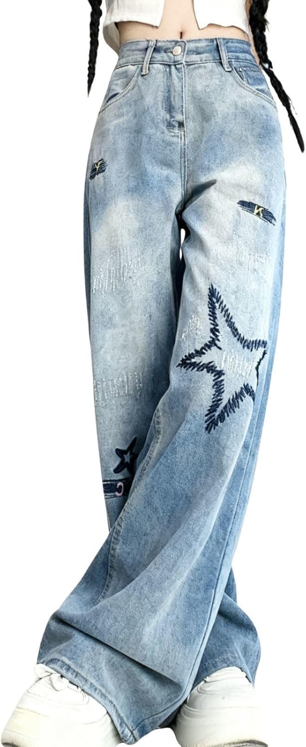 Cute Jeans for Women Girls Star Patchwork Pants High Waisted Straight Leg Jean Casual Preppy Clothes - Image 4