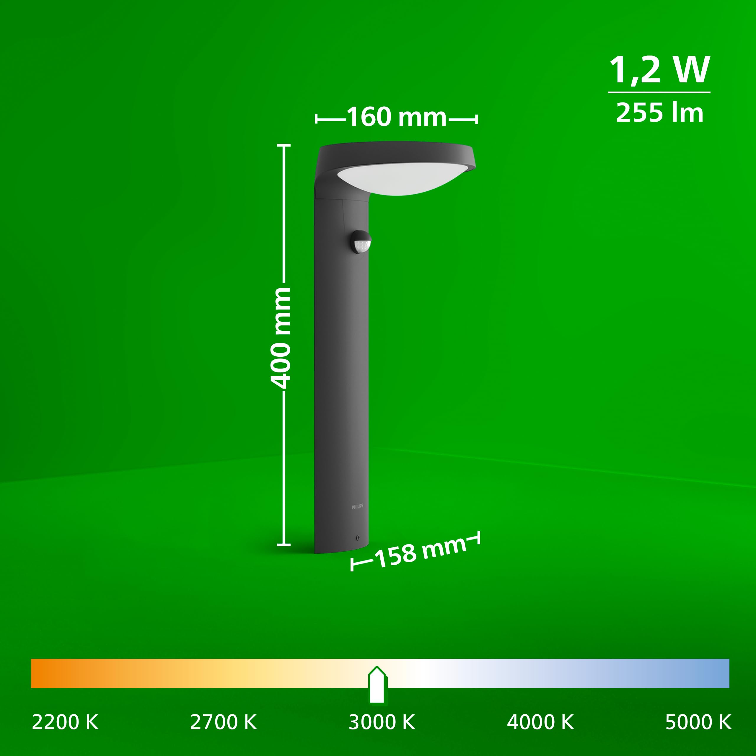 Philips Tyla, Borne avec recharge solaire extérieure ultra efficient, classe energétique A, détecteur de mouvement, 2700K, jusqu'à 250 lm, IP44, Anthracite