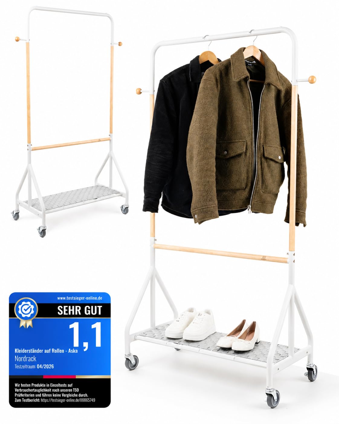 ASKA Premium Kleiderständer auf Rollen Stabil Schwerlast bis 120 kg Clothing Rack Garderobenständer Holz Metall Kleiderstange mit Schuhablage Rollbarer Kleiderständer Weiß Birkenholz