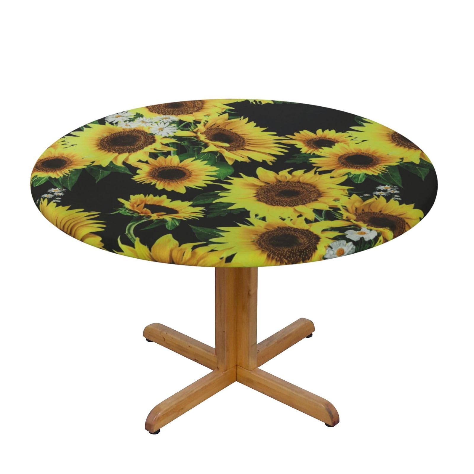 ESNAIUVCD Sunflower print Waterproof Round Tablecloth,Outdoor Table Cloth with Elastic Edged, Elastic Tablecloth Wipeable, Garden Table Cloth Suitable for sizes 90cm-140cm