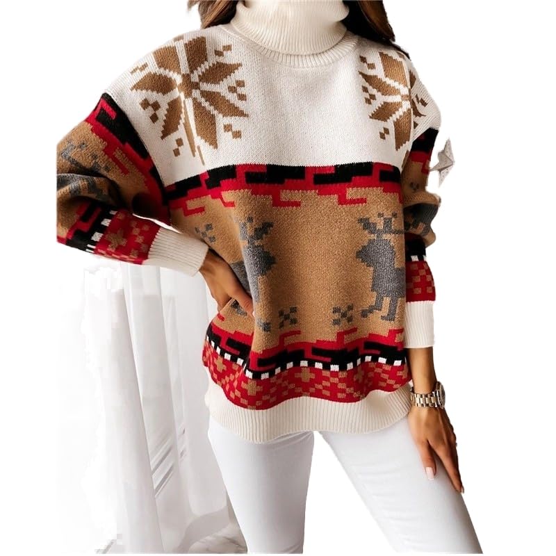 Quenny Christmas Winter Sweater High Collar Elk Christmas Jacquard Knitted Sweater
