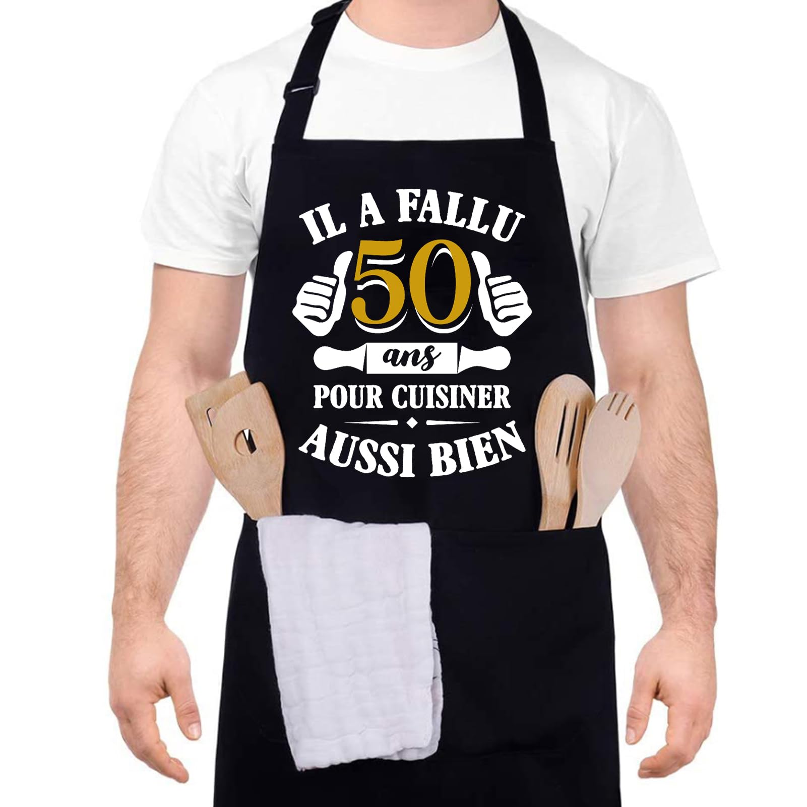 Halinuia Delantal de cocina para hombre mujer, delantal personalizado con 2 bolsillos, impermeable ajustable delantal negro, delantal de cocina hombre humor, chef delantal BBQ, Negro , Talla única
