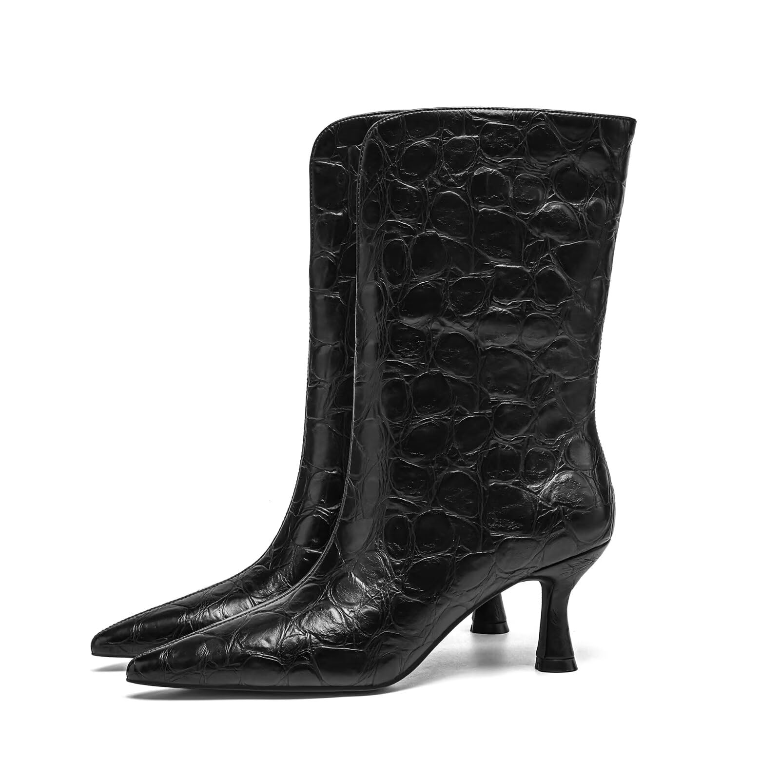 Womens Mid-Calf Boots Kitten Heel Pointed Toe Wide Calf Design Easy Slip On Stylish and Comfortable Footwear for