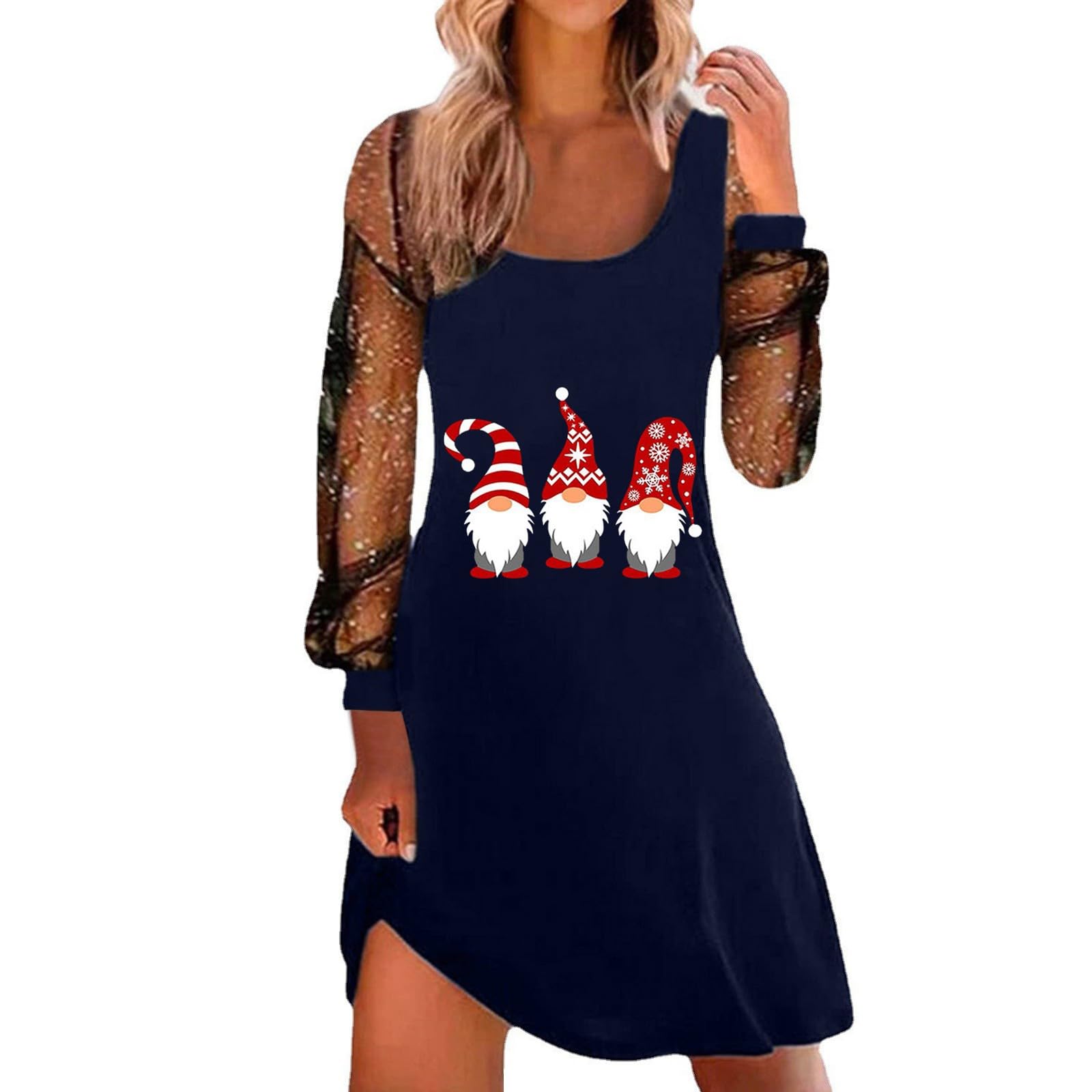 Women Christmas Dresses UK Sexy Spaghetti Strap Tank Dress with Mesh Long Sleeve Santa Xmas Dresses Plus Size Women's Soft Santa Costume for Chirstmas Party Prom
