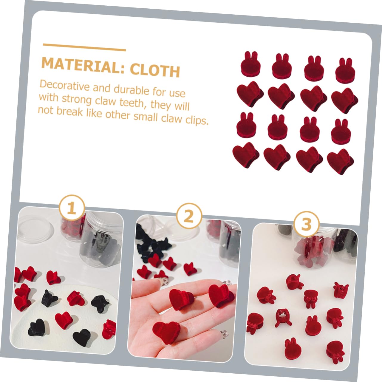 Gatuida Lot de 16 Mini Pinces à Cheveux en Tissu Rouge Motif Cœur et Tête de Lapin, Accessoires Décoratifs et Maintien Sécurisé pour Routine Beauté du Matin