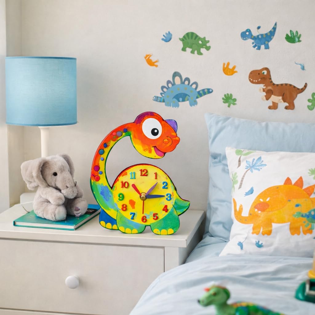 Decordial Dinosaur Kids DIY MDF Wall Clock Kit for Kids – Paint & Assemble Your Own Clock | Creative Arts & Crafts Educational Toy for Children 2