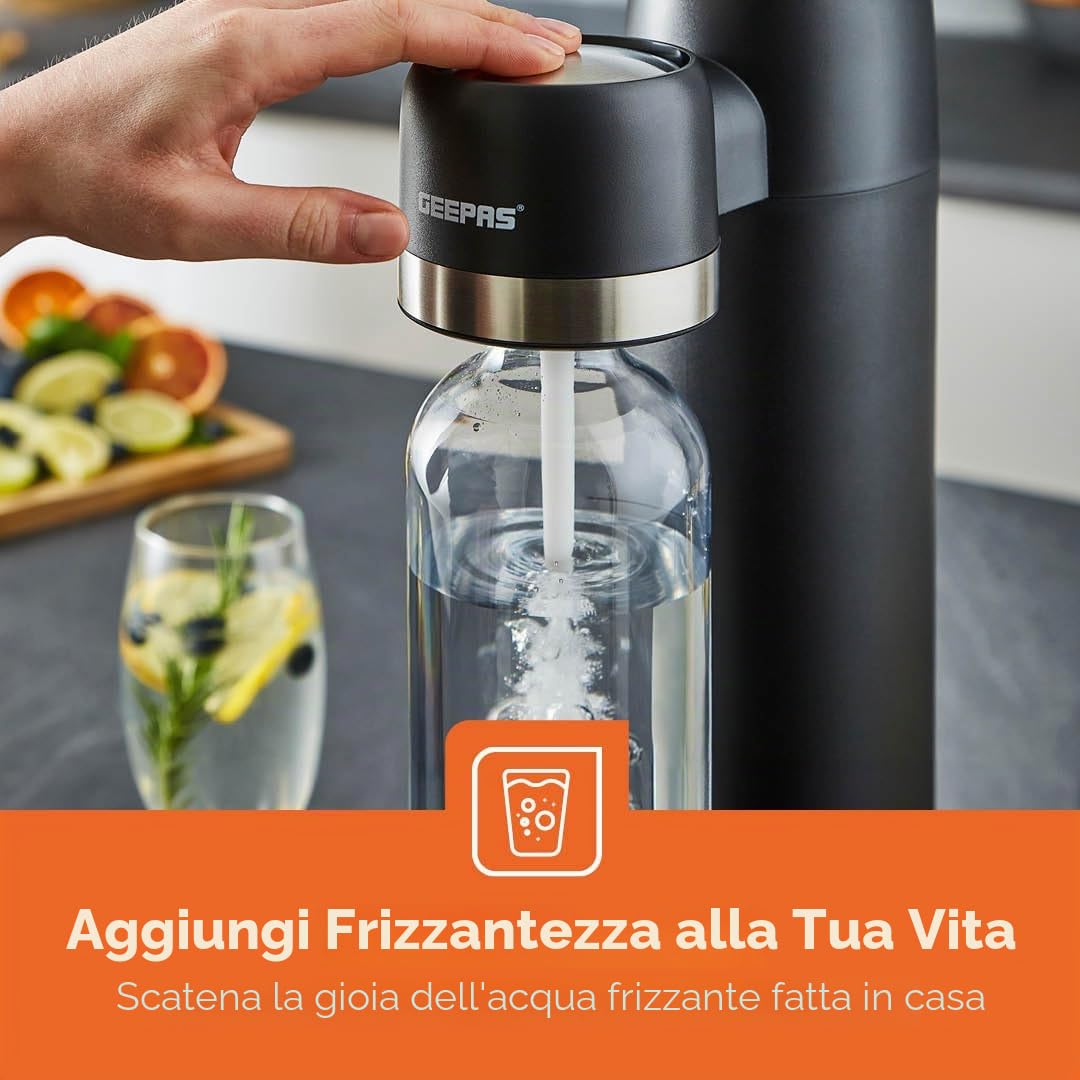 GEEPAS Macchina per acqua frizzante con bottiglia da 900 ml, macchina per soda, macchina per bevande gassate, gasatore domestico, bombola di gas CO2 a connessione rapida (non inclusa) | nero