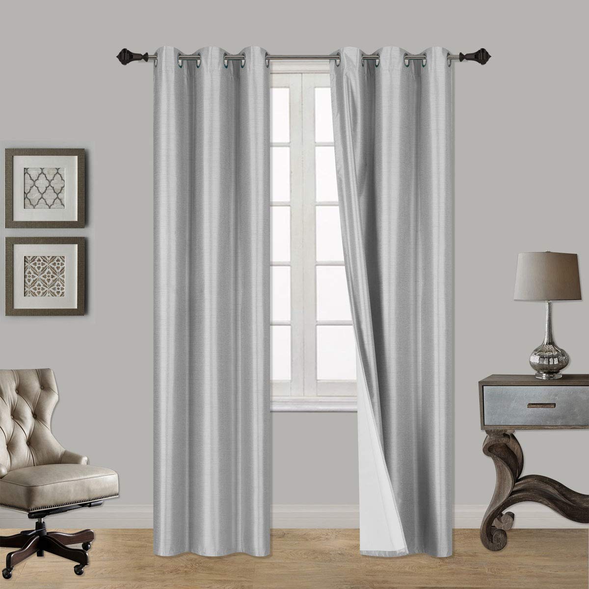 2 Piece Faux Silk Window Blackout Curtain Solid Pattern with Bronze Antique Grommet Energy Efficient Adam (108" Extra Long, Silver Grey)