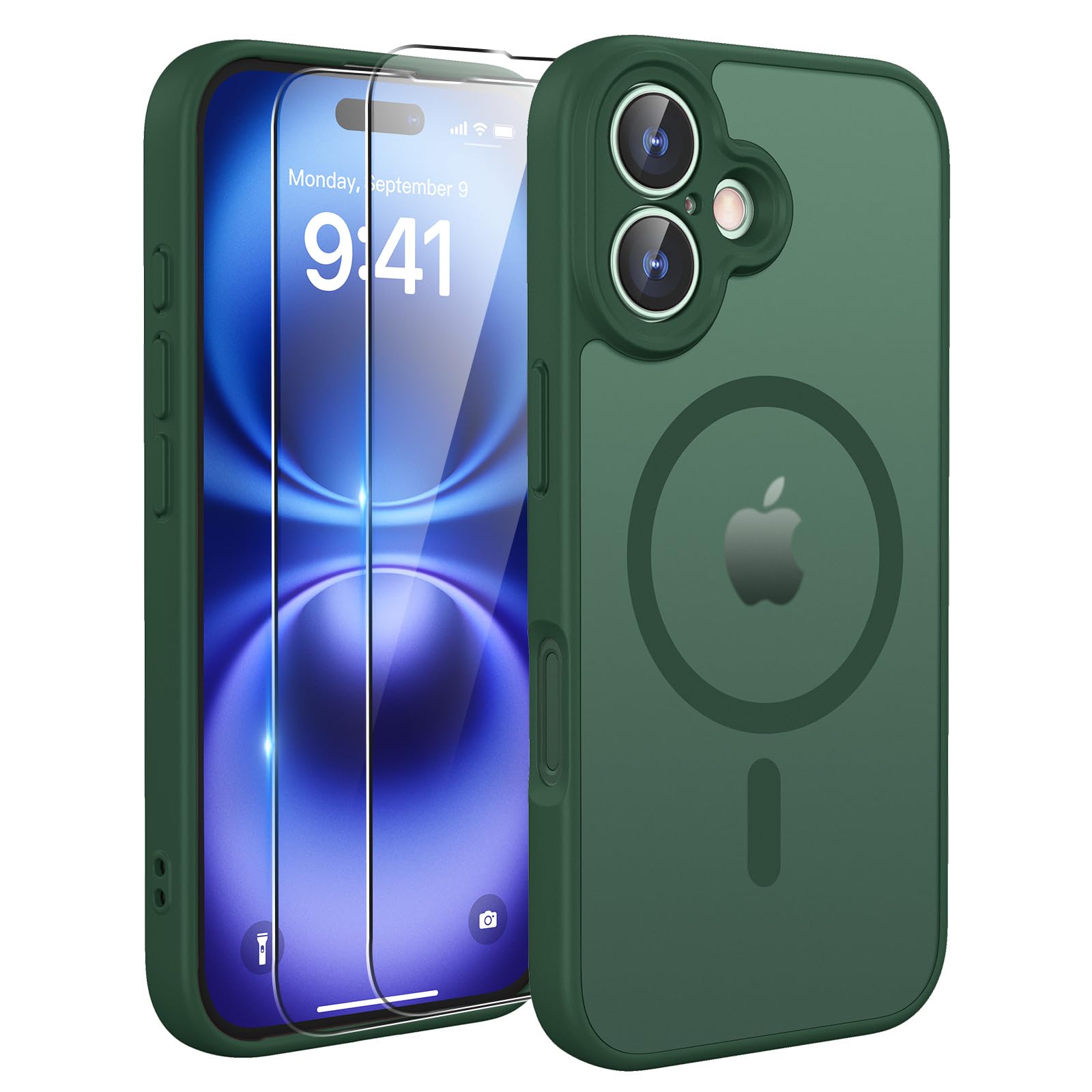 TQIAHF Cover Custodia Magnetica per iPhone 16, Verde | 2 Pellicola Vetro Temperato Protezione Schermo Compatibile con Magsafe Militare Antiurto Sottile Opaca Telefono Case