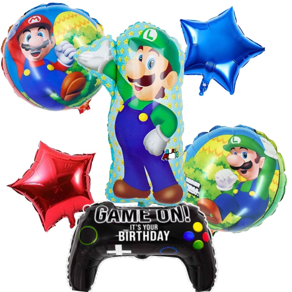 FI - FLICK IN 6 pcs Mario Theme Birthday Foil Balloon Super Mario Birthday Decoration Game Theme Birthday Decorations for Boys Gamer Birthday Theme Decoration (Pack of 6, Multicolor)