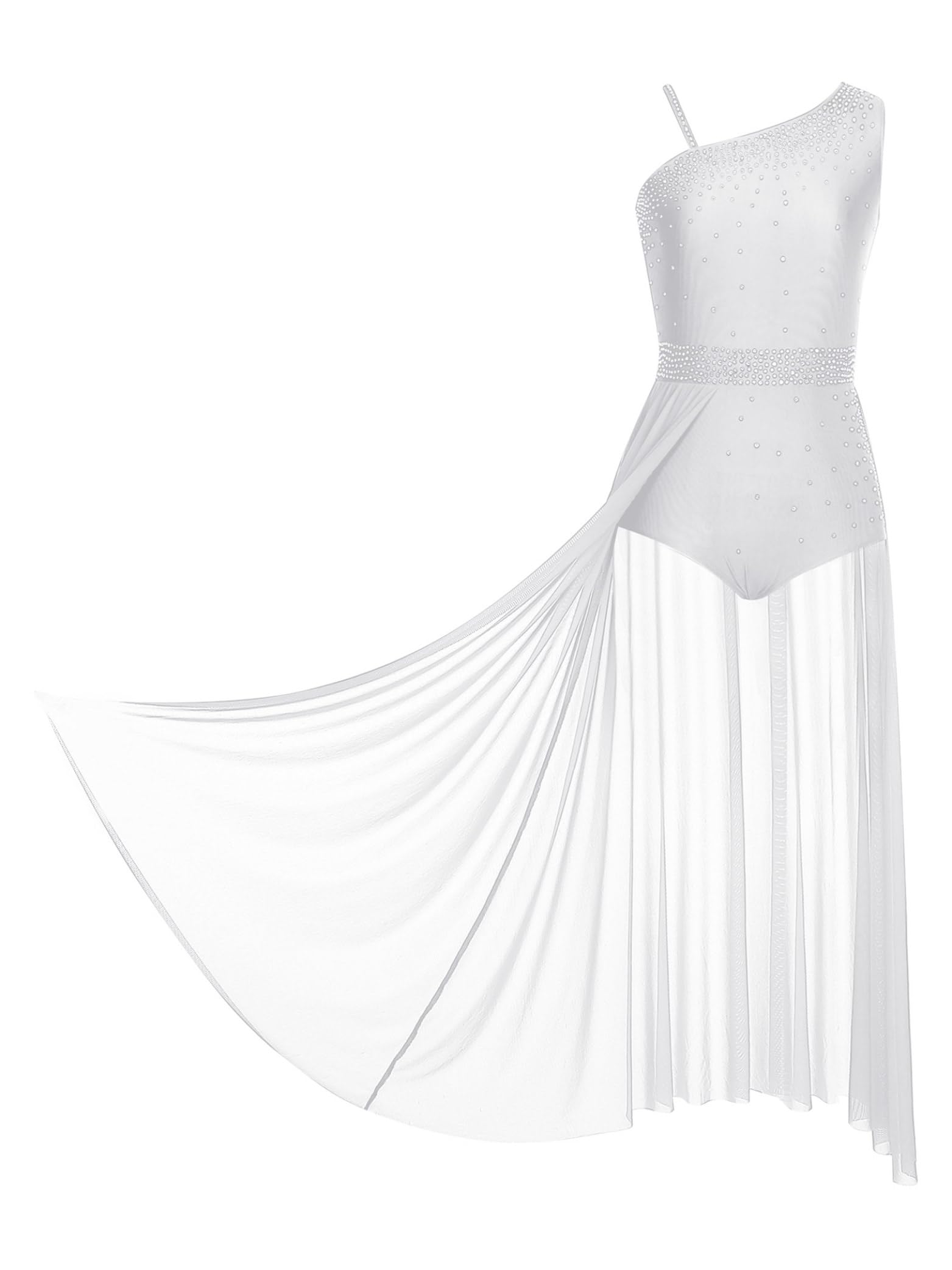 Vestido de danza asimétrico con diamantes de imitación, leotardo para patinaje artístico y danza contemporánea