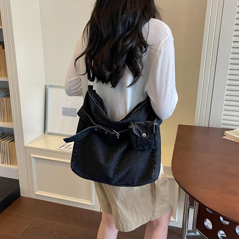 Borsa a tracolla da donna in tessuto denim, grande capacità, casual, colore