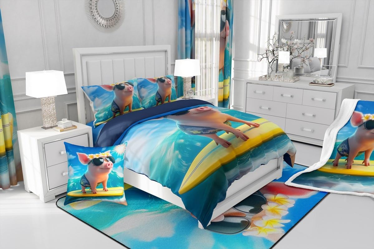 Erosebridal Surfer Pig Queen Comforter Set,Surfboard Surf Surfing Bedding Sets,Funny Pig Animal Quilt Bed Set for Kids Girls Boys,Coastal Beach Hawaiian Bedroom Decor,2 Pillowcases All Season