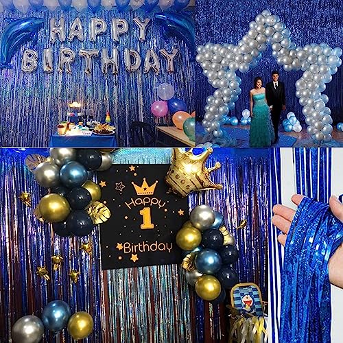 Image of 4 Pack Blue Fringe Backdrop 12.8x8.2 Feet Sparkle Metallic Tinsel Foil Fringe Curtain, Navy Blue Fringe Curtains Party Decorations for Christmas Birthday Graduation