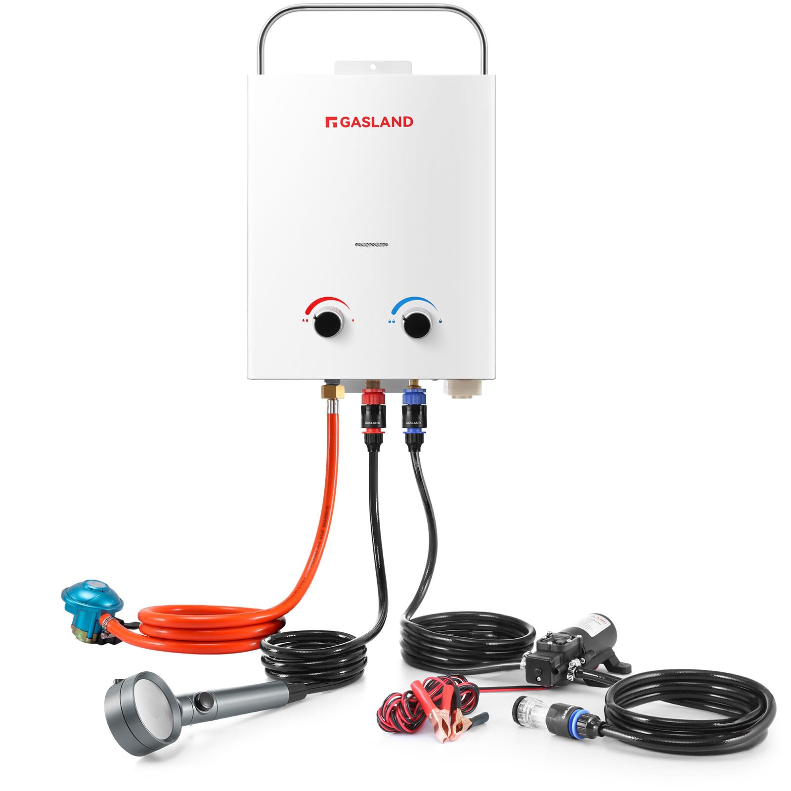 GASLAND AS132 Pro Tragbarer Gas-Durchlauferhitzer, 28-30mbar(Butan) oder 37mbar(Propan), 5L lpg Gas-Wassererhitzer mit Wasserpumpe und Rohrsieb für RV Camping Dusche Waschen Pferd