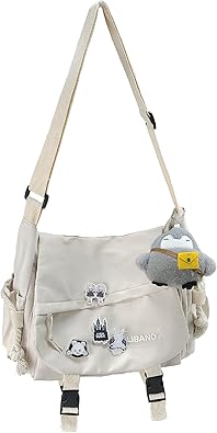 Nylon Messenger Bag Kawaii Crossbody Bag with Cute Pins Aesthetic Shoulder Bag for Women and Men