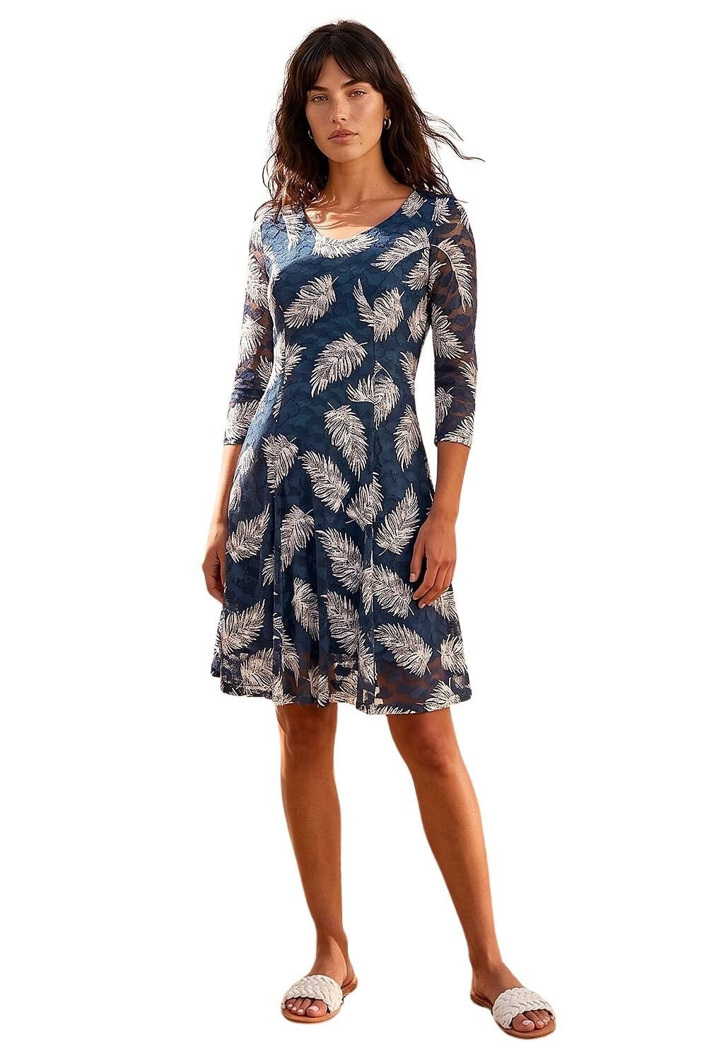 Roman Women's Teal Leaf Print Lace Stretch Dress Size 16