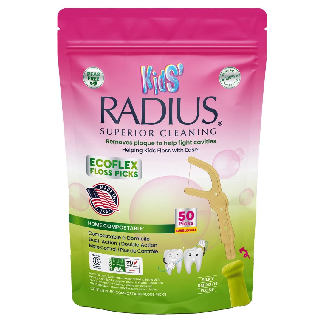 RADIUS Bubblegum EcoFlex Compostable Floss Picks Kids for Oral Care Boost Non Toxic Tooth & Gum Protection (50 Single Use Dual Action Flossers per Pack)
