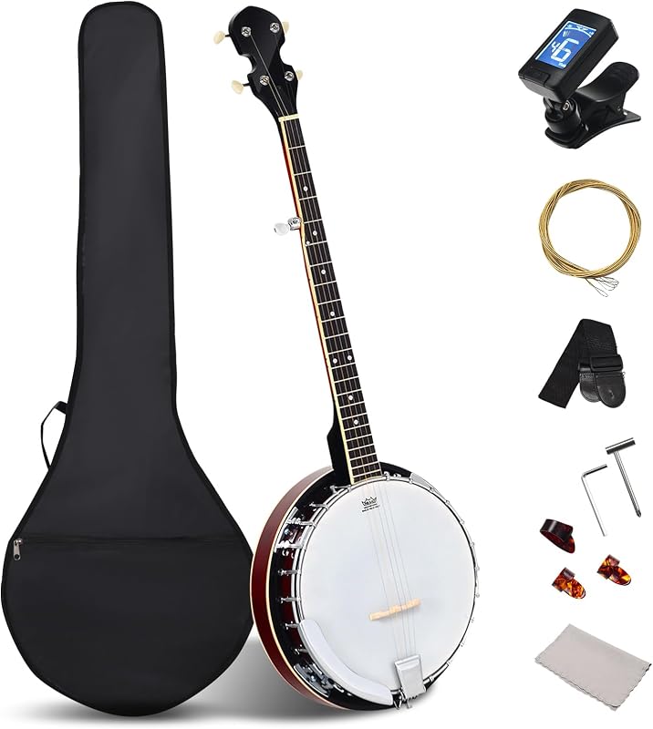 Goplus Banjo de 5 cuerdas, juego de banjo de tamaño completo de 39" con parche remo, resonador de sapeli, 24 soportes y quinto afinador engranado, kit para principiantes con parte posterior abierta o cerrada, afinador digital, correa, bolsa de transporte, llaves