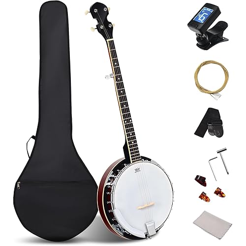 Goplus 5-String Banjo, 39" Full Size Banjo Set w/Remo Drumhead, Sapele Resonator, 24 Brackets & Geared 5th Tuner, Beginner Kit w/Open or Closed Back, Digital Tuner, Strap, Gig Bag, Wrenches